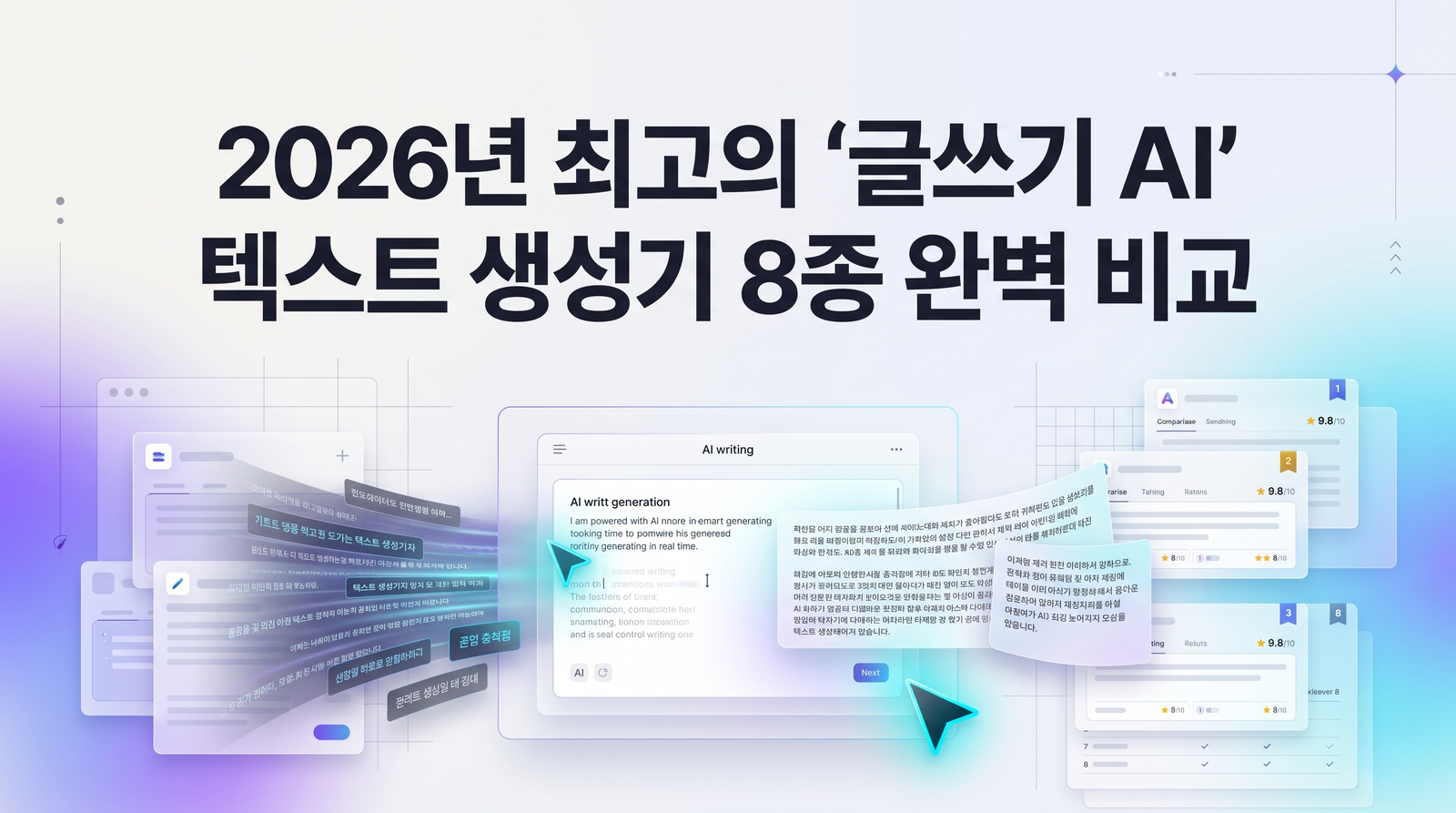 HIX.AI, Jasper, Copy.ai 등 상위 8개 글쓰기 AI 텍스트 생성기의 주요 특징과 활용 분야를 비교하는 시각적 인포그래픽