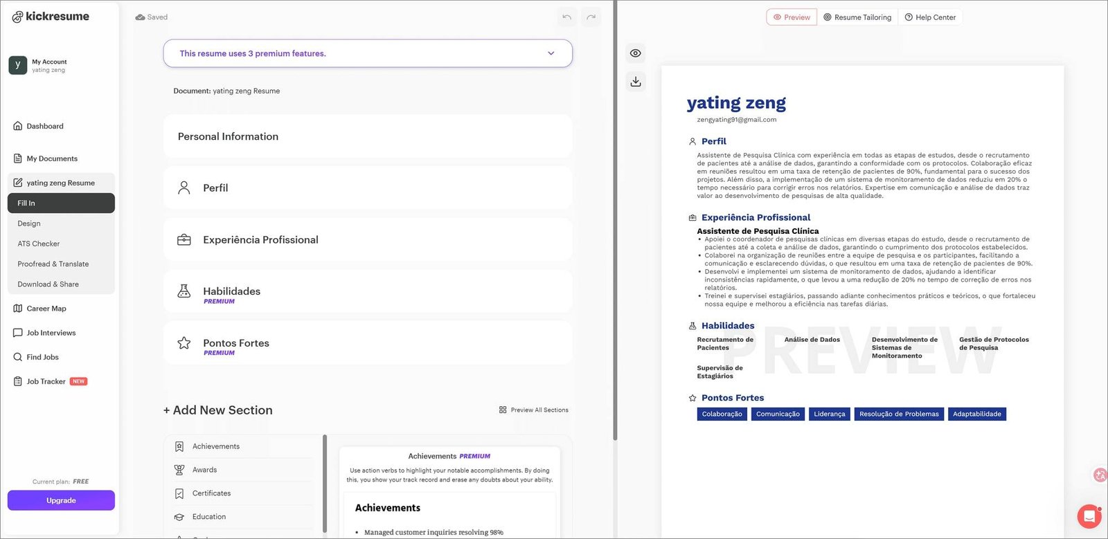 Criar currículo com Kickresume