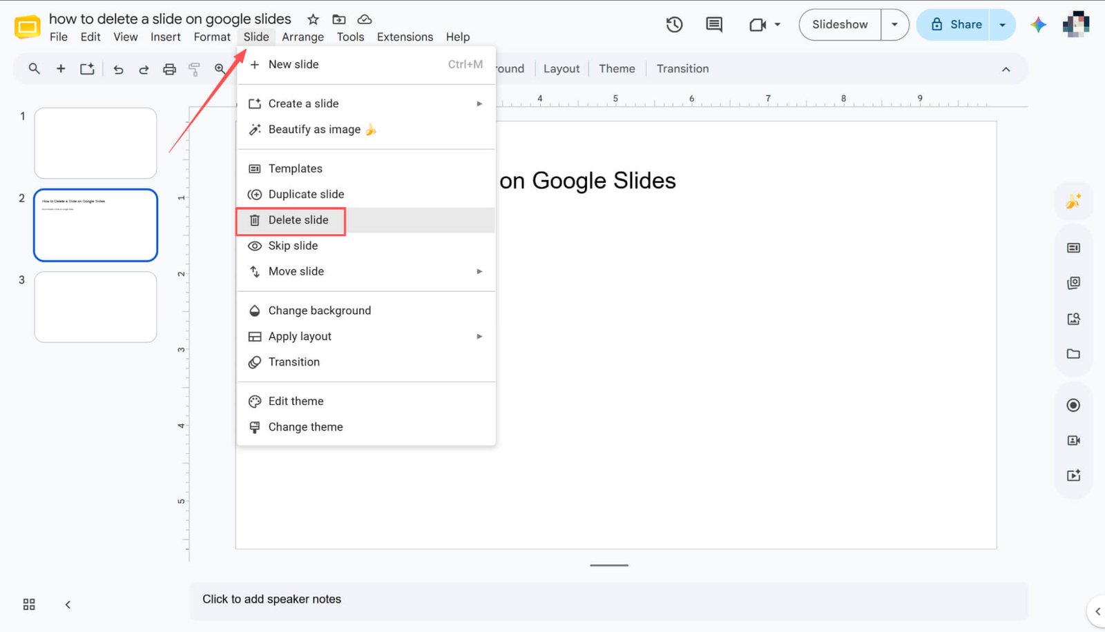 Usuwanie slajdu w Prezentacjach Google