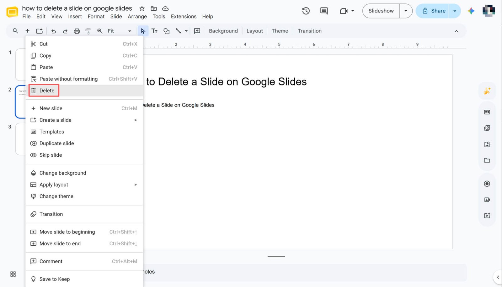 Usuwanie slajdu w Prezentacjach Google za pomocą prawego przycisku myszy