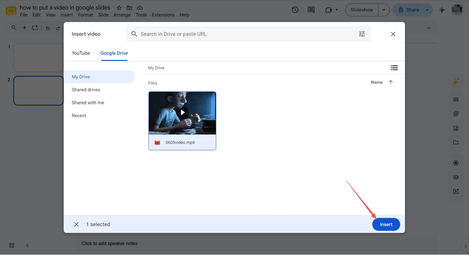 inserisci il video usando Google Drive