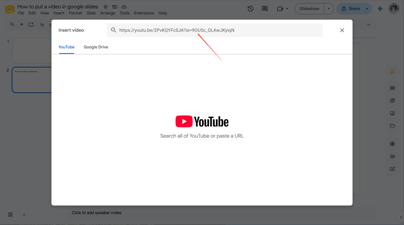 incolla il link del video di YouTube